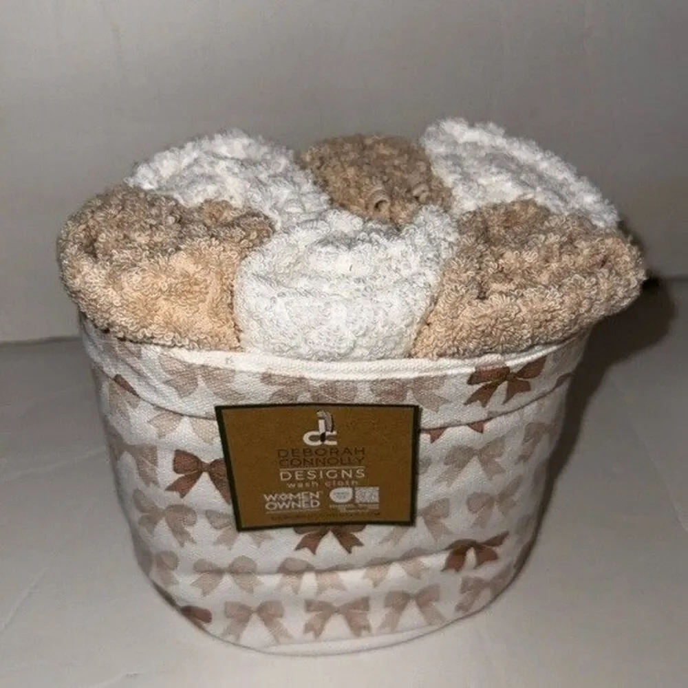 NWT Deborah Connolly 12 Piece Velour Cotton Bath Towel Set White Brown Tan Bows
